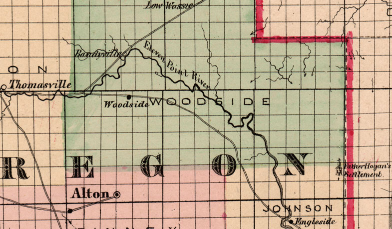 Detail of Howell County, Oregon County and Shannon County, Missouri 1872 Campbells Atlas Historic Map reprint