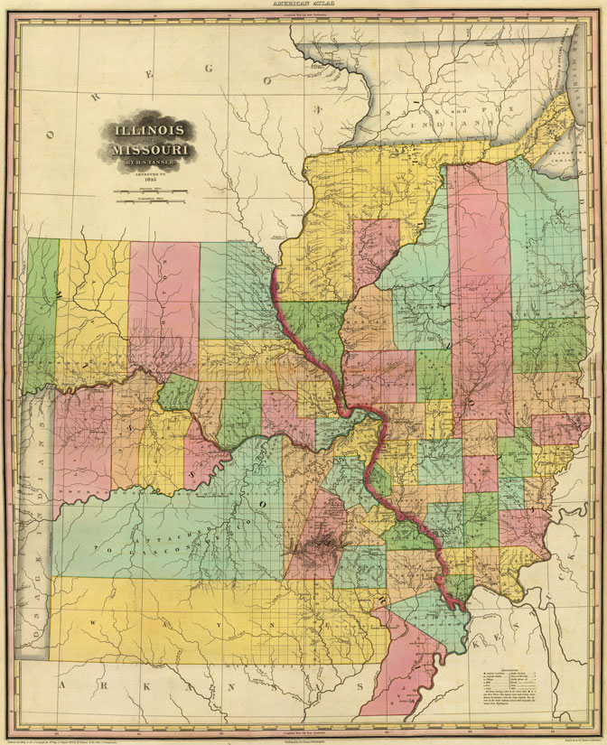 Illinois and Missouri 1825 Historic Map by H. S. Tanner