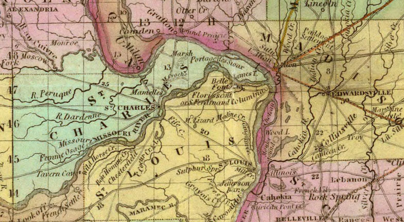Detail of Illinois and Missouri 1840 Historic Map by H. S. Tanner