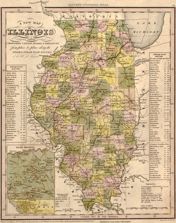 Illinois State 1841 Tanner Historic Map Reprint
