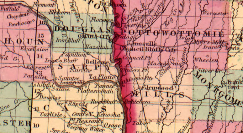 Iowa State and Nebraska Territory 1862 by Johnson & Ward Historic Map detail