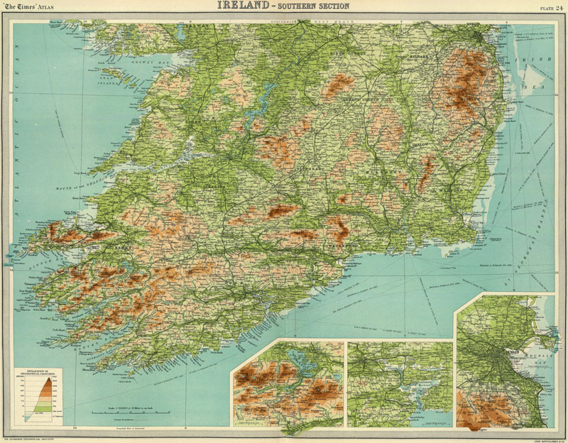 South Ireland 1922 Historic Map by J. G. Bartholomew, The Times Atlas