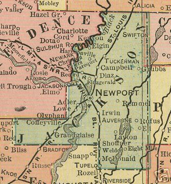 Early map of Jackson County, Arkansas including Newport, Diaz, Tuckerman, Tupelo, Weldon, Swifton, Campbell