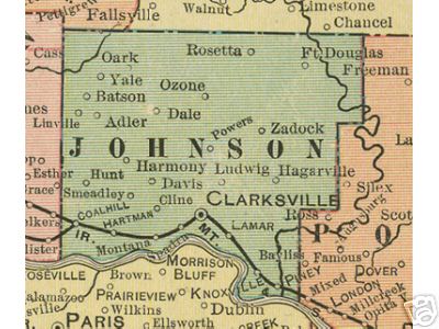 Early map of Johnson County, Arkansas including Clarksville, Coal Hill, Hartman, Harmony, Lamar, Knoxville, Ludwig