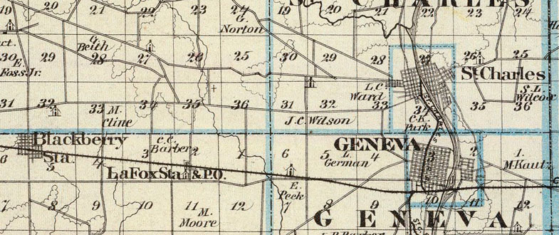 Detail of Kane County, Illinois 1876 Historic Map Reprint by Union Atlas Co., Warner & Beers