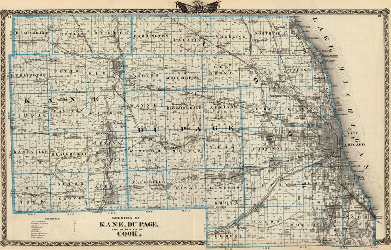 Kane, DuPage and Cook County, Illinois 1876 Historic Map Reprint by Union Atlas Co., Warner & Beers