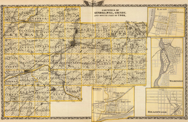 Kendall, Will, Grundy County and south part of Cook County, Illinois 1876 Historic Map Reprint by Union Atlas Co., Warner & Beers