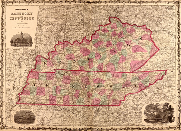 Kentucky and Tennessee State 1862 Historic Map Johnson & Ward Reprint