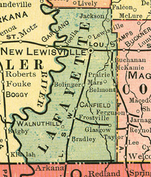 Early map of Lafayette County Arkansas including Lewisville, Stamps, Bradley, Buckner, Canfield, Frostville, Mars, Walnut Hill