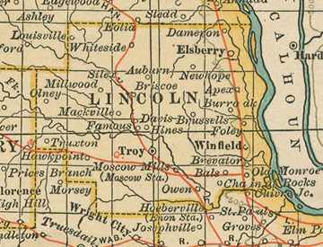 Early map of Lincoln County, Missouri including Troy, Elsberry, Winfield, Truxton, Chain of Rocks, Moscow Mills