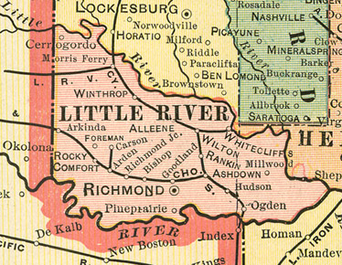 Early map of Little River County Arkansas including Ashdown, Richmond, Foreman, Winthrop, Alleene, Wilton, Arkinda, Ogden, Arden, Cerrogordo, Hudson, Millwood, White Cliffs, Cerrogordo