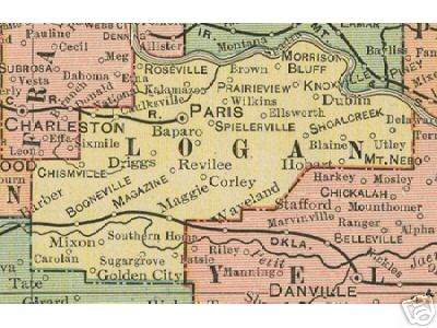 Early map of Logan County, Arkansas including Paris, Booneville, Magazine, Caulksville, Prairie View, Driggs