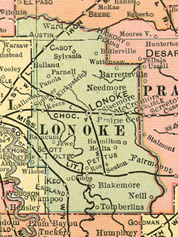 Early map of Lonoke County, Arkansas History and Genealogy with Lonoke, Austin, Brownsville, Cabot, Carlisle, England
