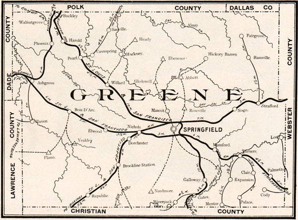 Greene County, Missouri 1904 Historical Map Reprint, Roads and Railroads, Springfield, Willard, Republic, Ash Grove, Strafford, Walnut Grove, Ebenezer, Fair Grove