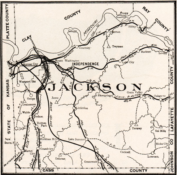 Jackson County, Missouri 1904 Historical Map Reprint, Roads & Railroads, Kansas City, Independence, Blue Springs, Grain Valley, Lees Summit, Grandview, Westport, Waldo