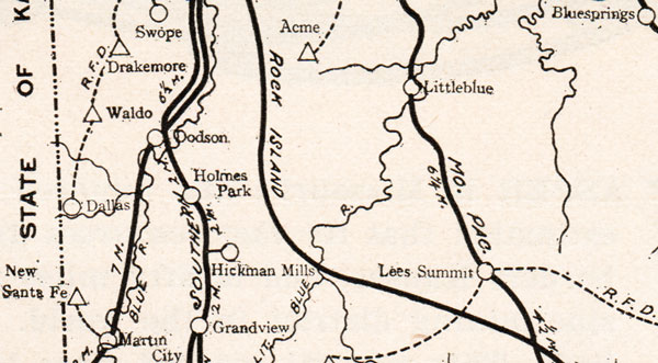 Jackson County, Missouri 1904 Historical Map Reprint, Roads & Railroads, Kansas City, Independence, Blue Springs, Grain Valley, Lees Summit, Grandview, Westport, Waldo, detail
