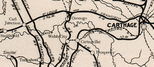 Jasper County, Missouri 1904 Historical Map Reprint, Roads and Railroads, Joplin, Carthage, Webb City, Sarcoxie, Carl Junction, Oronogo, Duenweg, Jasper, detail