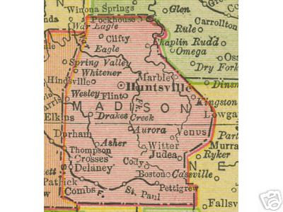 Early map of Madison County, Arkansas including Huntsville, St. Paul, Clifty, Kingston, Pettigrew, Wesley, Whitener