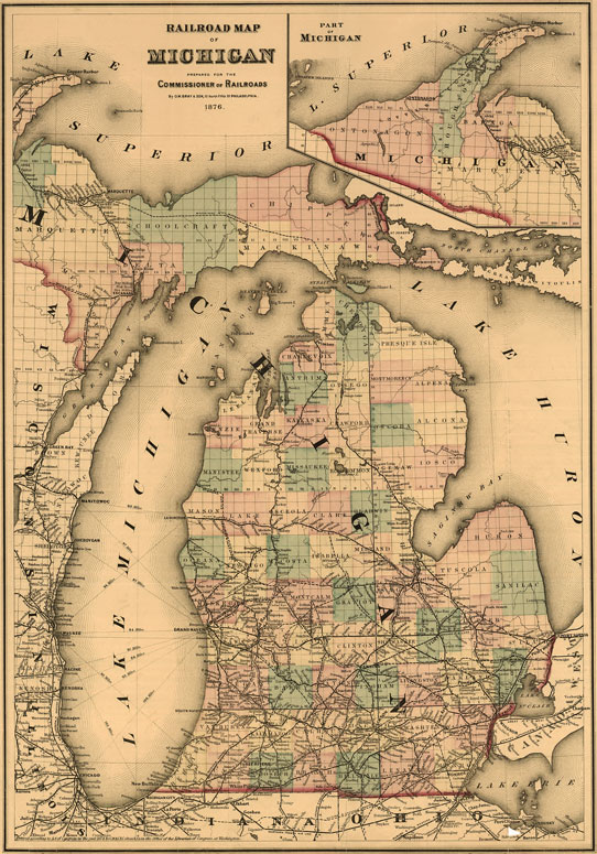 Michigan State 1876 Colton Gray Historic Map Reprint