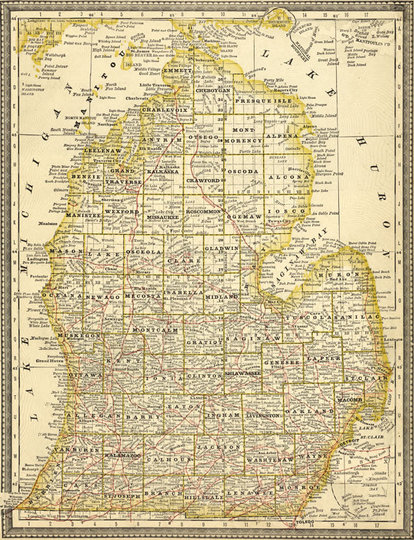Michigan State 1881 Rand McNally Historic Map Reprint