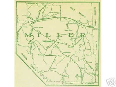 Early map Miller County, Missouri including Tuscumbia, Eldon, Bagnell, Iberia, Ulman, Etterville