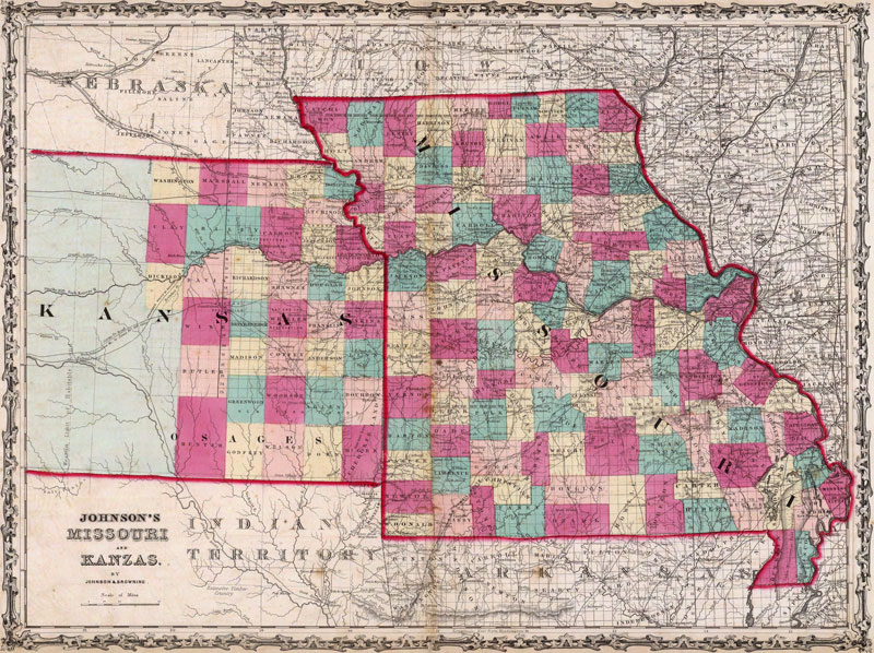States of Missouri and Kansas 1860 by Johnson and Browning Historic Map