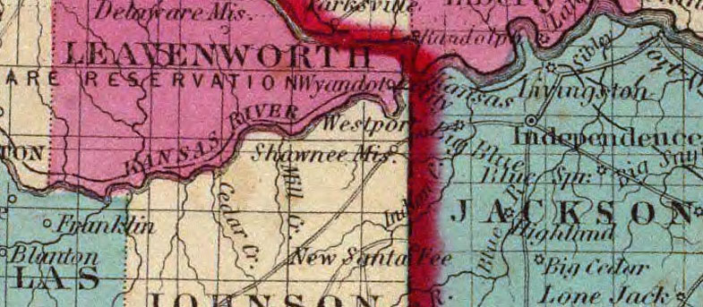 Detail of States of Missouri and Kansas 1860 by Johnson and Browning Historic Map