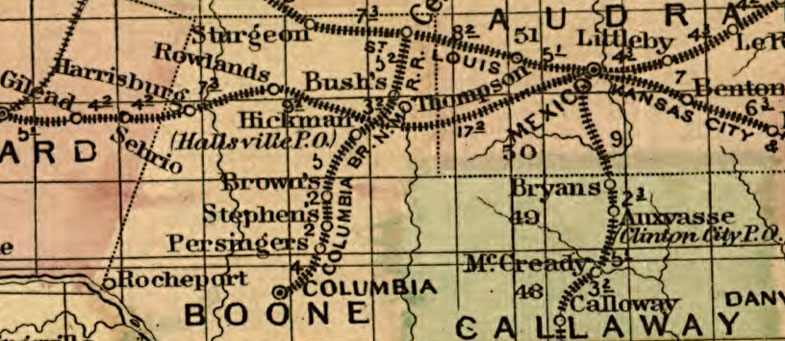 Detail of Missouri and Kansas 1872 Historic Map by Asher and Adams