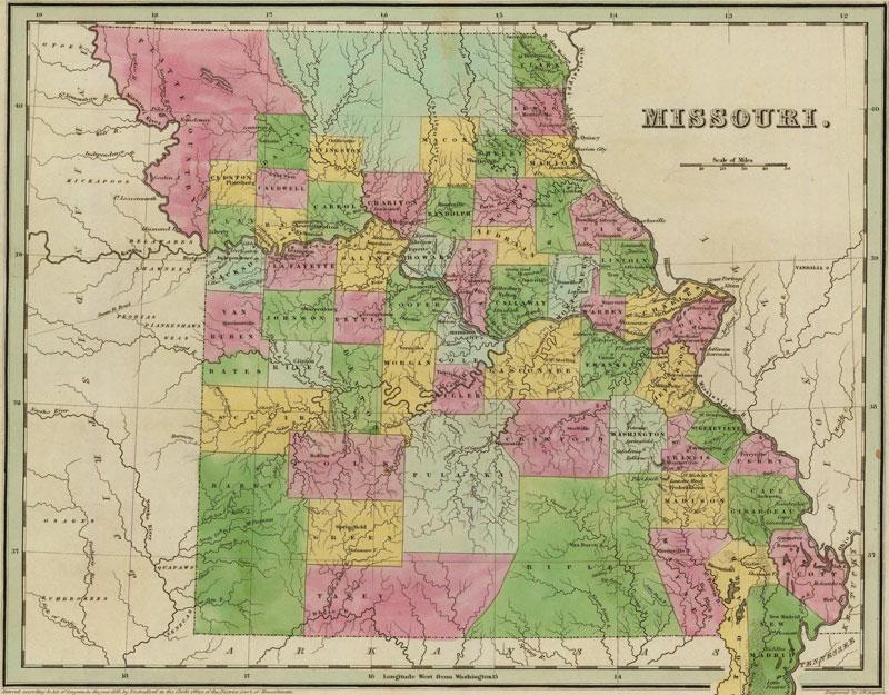 Missouri State 1841 Historic Map by Thomas G. Bradford
