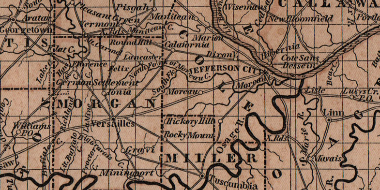 Detail on Missouri State 1844 Historic Map by Morse - Breese, Reprint