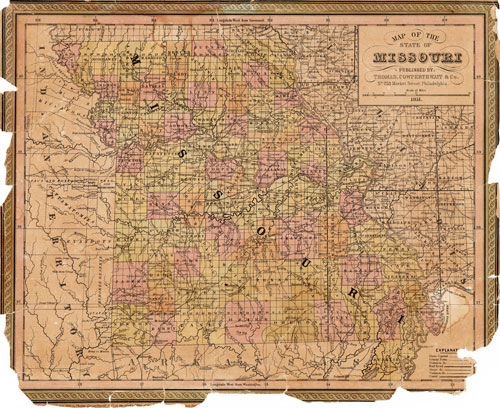 Missouri State 1850-51 Historic Map by Thomas, Cowperthwait, Reprint, Version A