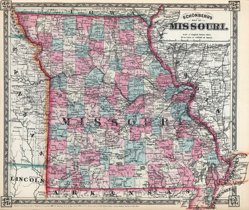Missouri State 1866 Historic Map by Schonberg & Co.