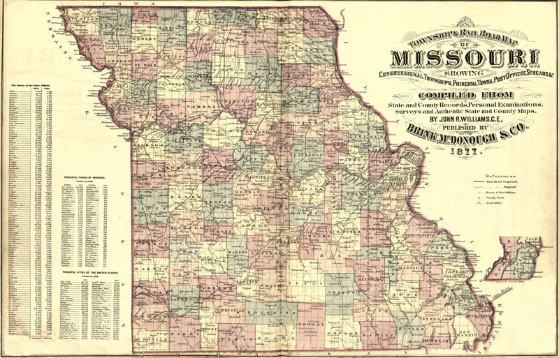 Missouri State 1877 Historic Map by Williams, published by Brink, McDonough