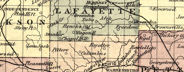 Detail of Missouri State 1877 Historic Map by Williams, published by Brink, McDonough