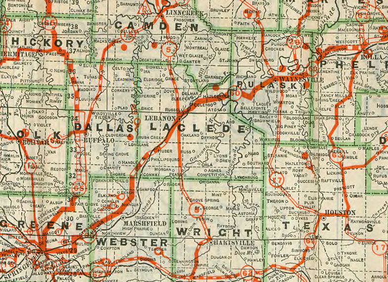 Detail of Missouri State 1926 Highway Road Historic Map by Geo. F. Cram
