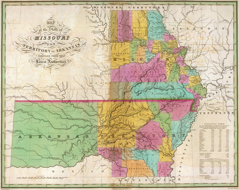 State of Missouri and Arkansas Territory 1826 historic map by A. Finley