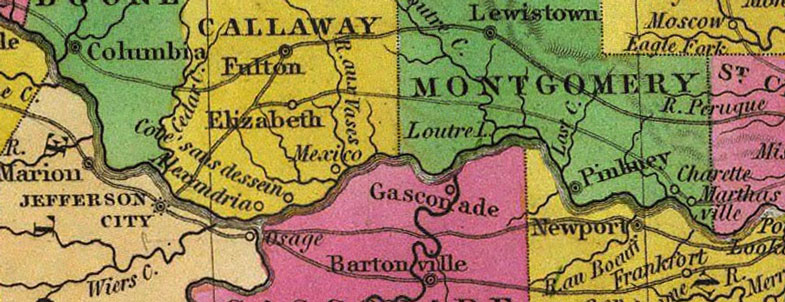 Detail of State of Missouri and Arkansas Territory 1831 historic map by S. Augustus Mitchell