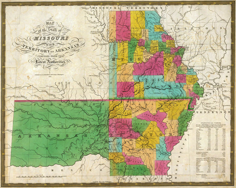 State of Missouri and Arkansas Territory 1831 historic map by S. Augustus Mitchell