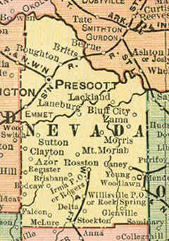 Early map of Nevada County, Arkansas including Prescott, Mt. Moriah, Rosston, Britts, Boughton, Azor, History, Genealogy