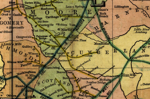 North Carolina State 1900 Railroad Historic Map detail