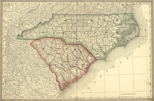 North Carolina and South Carolina State 1881 Rand McNally Historic Map Reprint