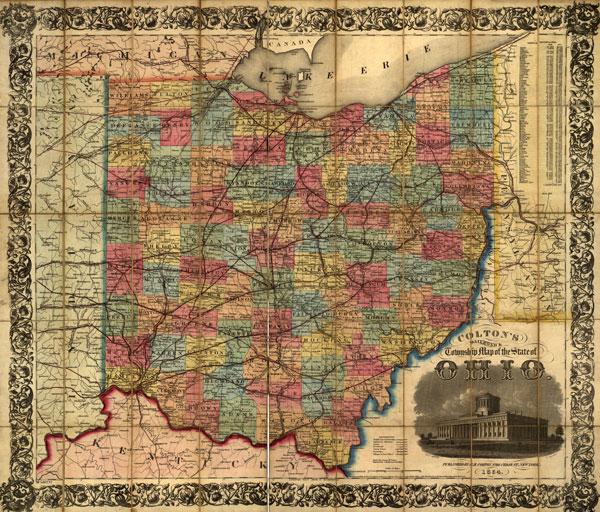 Ohio State 1854 Historic Map by Colton, Reprint