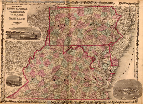 Pennsylvania, Virginia, Delaware and Maryland 1862 Johnson & Ward Historic Map Reprint