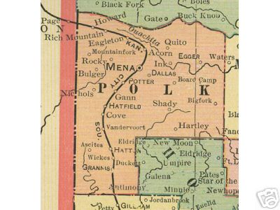 Early map of Polk County, Arkansas including Mena, Dallas, Potter, Hatfield, Cove, Vandervoort, Wickes, Grannis