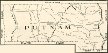 Early map of Putnam County, Missouri with Unionville, Worthington, Livonia, Lucerne, Powersville, Lemons, Hartford, Glendale, Mendota, Midway