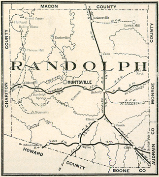 Early map of Randolph County, Missouri with Moberly, Huntsville, Cairo, Clark, Clifton Hill, Darksville, Higbee, Jacksonville, Milton, Mount Airy, Renick, Rolling Home, Thomas Hill
