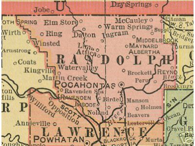 Early map of Randolph County including Pocahontas, Reyno, Maynard, Ravenden Springs, Okean, O'Kean, Attica