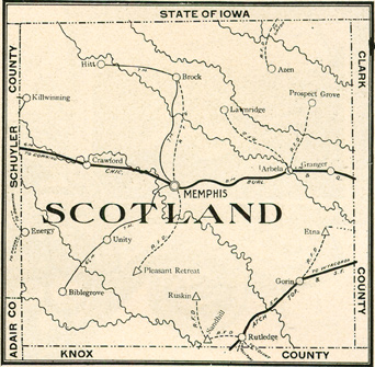 Early map of Scotland County, Missouri with Memphis, Gorin, South Gorin, Rutledge, Granger, Sand Hill, Bible Grove, Kilwinning