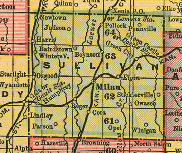 Early map of Sullivan County, Missouri with Milan, Green City, Green Castle, Humphreys, Harris, Pollock, Osgood, Newtown, Reger, Winigan