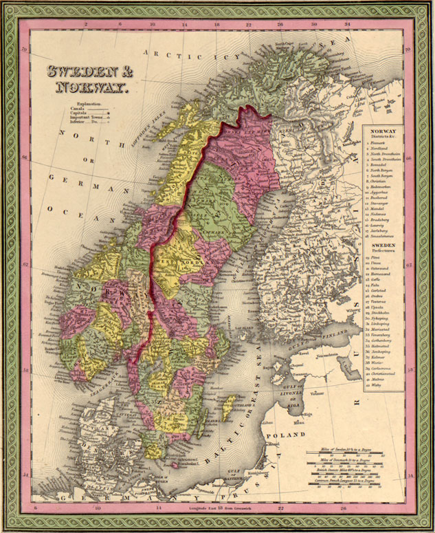 Sweden and Norway 1849 Mitchell Historic Map Reprint